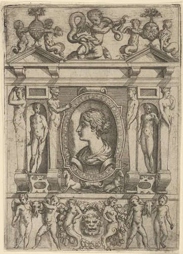 Bust of a woman in profile facing left, set in an elaborate frame with figures in niches by Battista Angolo del Moro, print, 1535-1580