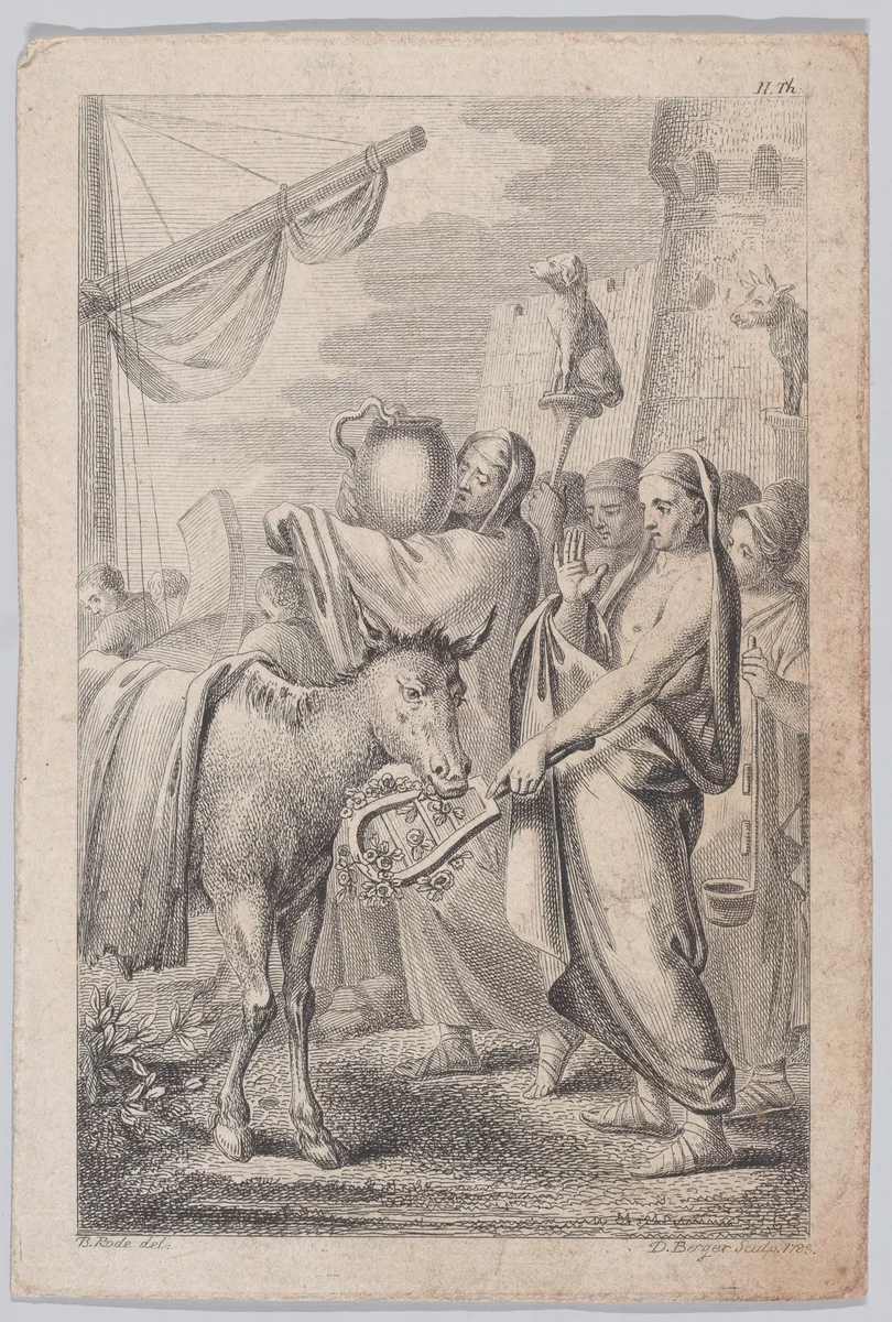 Figures at right near a ship, some holding up animals over their heads, a horse at left by Daniel Berger, print, 1783
