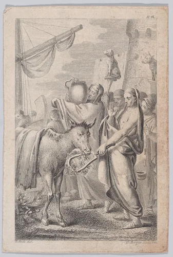 Figures at right near a ship, some holding up animals over their heads, a horse at left by Daniel Berger, print, 1783