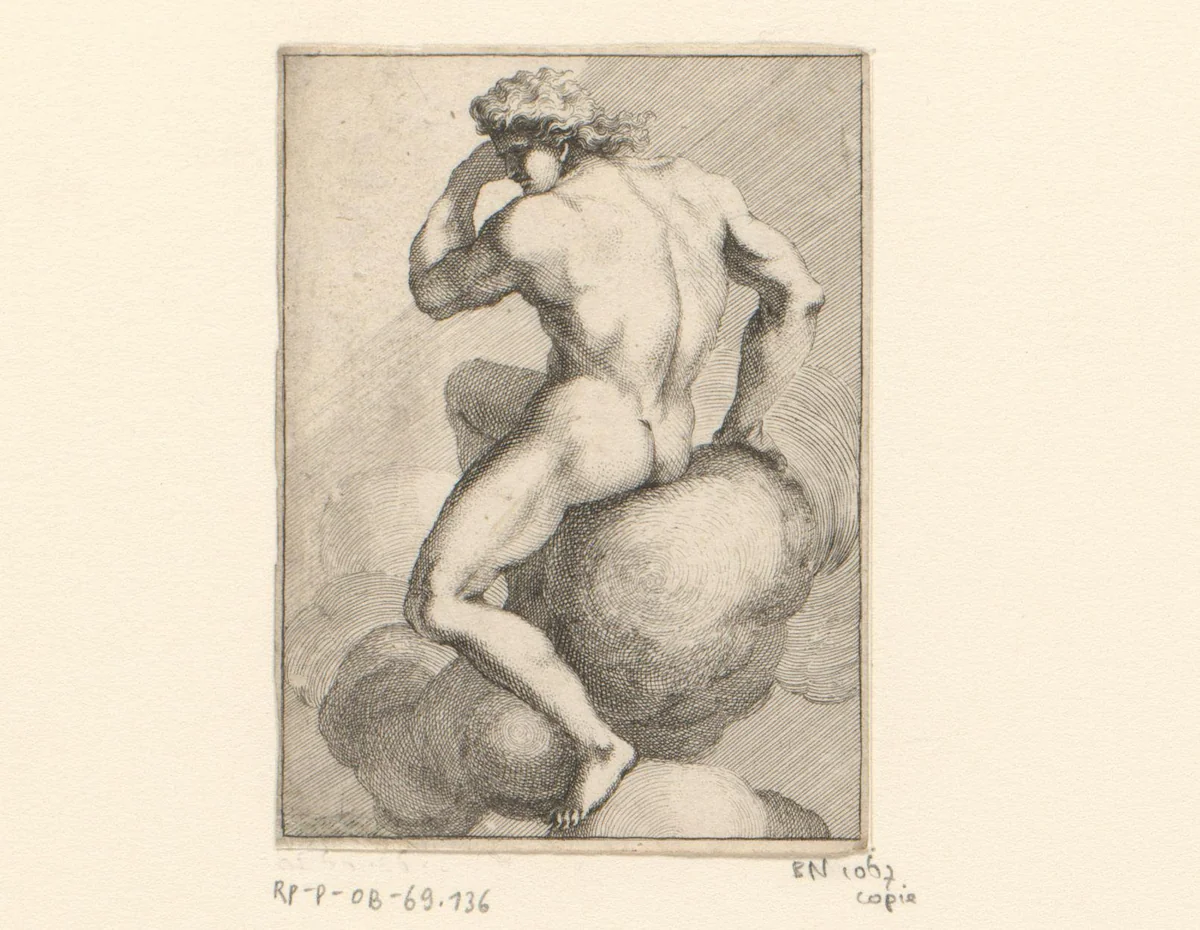Jonge man op wolken, mogelijk Ganymedes by anonymous, print, 1647-1714