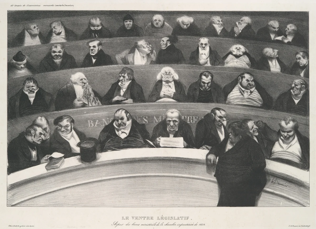 Le ventre législatif: Aspect des bancs ministériels de la chambre improstituée de 1834 by Honoré Daumier, print, 1834