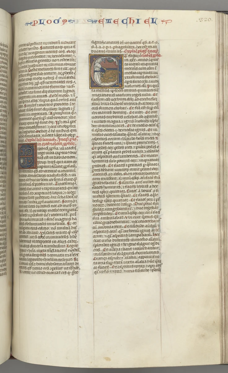 Fol. 320r, Ezechiel, historiated initial E, a sleeping Ezechiel with his vision of the four beasts above by Unknown, book, 1270-1300