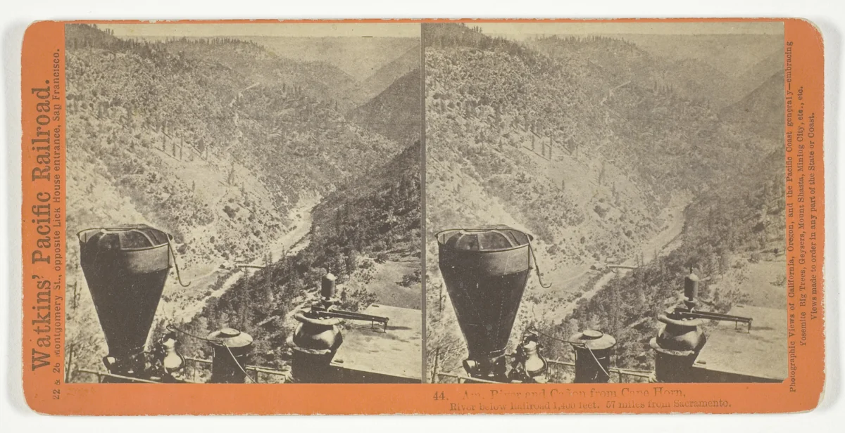Am. River and Canon from Cape Horn, River below Railroad 1,400 feet. 57 miles from Sacramento, No. 44 from the series "Watkins' Pacific Railroad" by Alfred Hart, photograph, 1864-1869