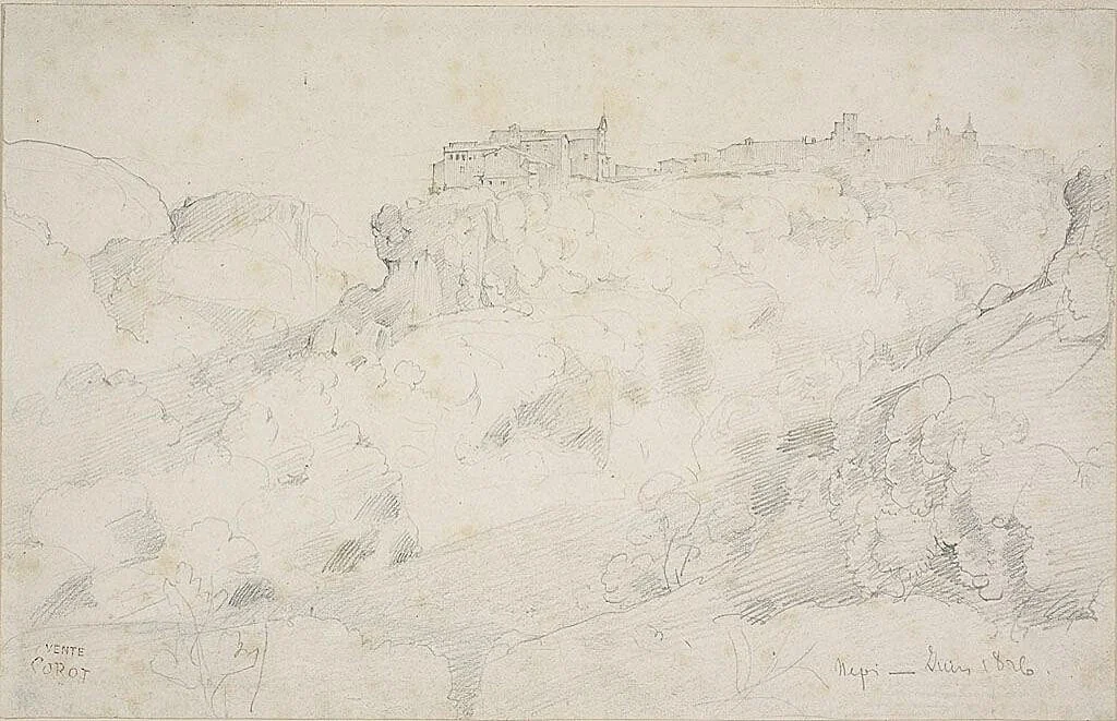 View of Nepi by Jean-Baptiste-Camille Corot, drawing, 1826