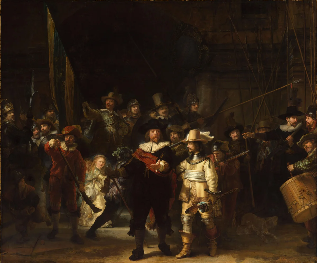 The Night Watch Militia Company of District II under the Command of Captain Frans Banninck Cocq by Rembrandt van Rijn, painting, 1642