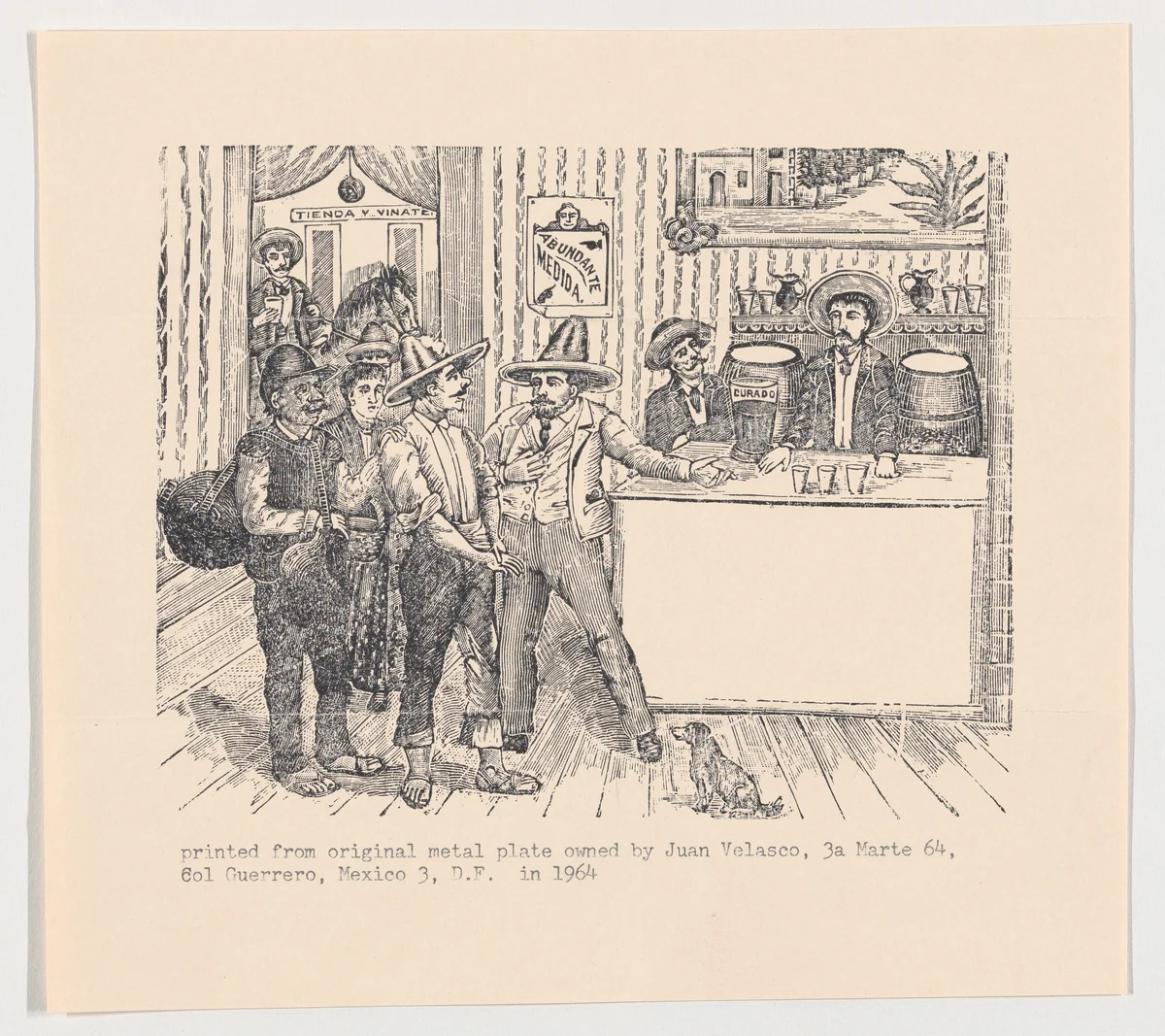 Men in a tavern standing around a bar by José Guadalupe Posada, print, 1890-1910