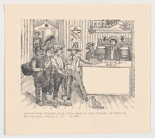 Men in a tavern standing around a bar by José Guadalupe Posada, print, 1890-1910