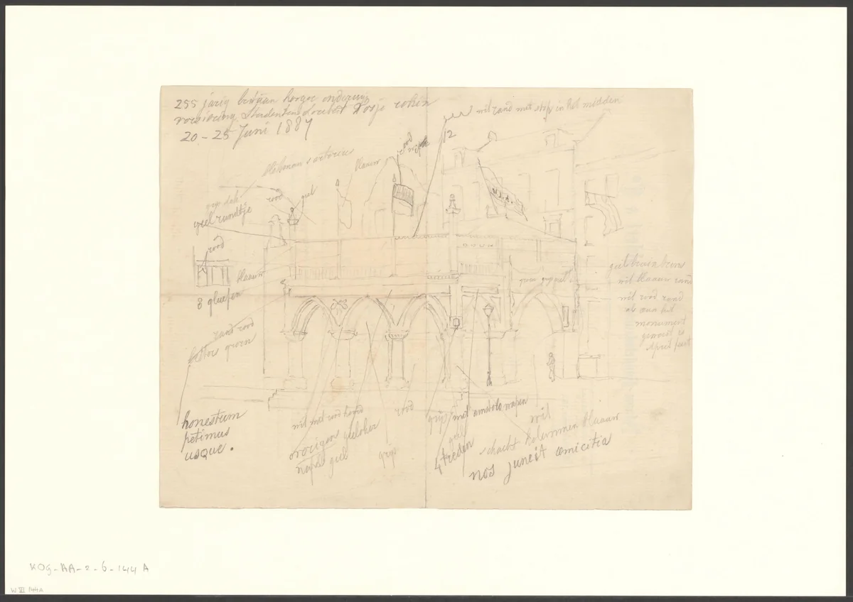 Gezicht op Rokin 31, de studentensociëteit Nos Jungit Amicitiae by Johan George Lodewijk Rieke, drawing, 1887