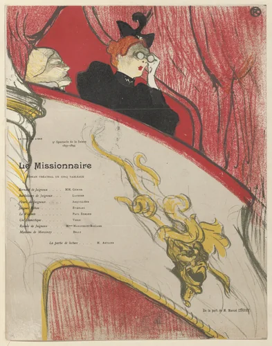 The Box with the Gilded Mask (La Loge au mascaron doré), program for The Missionary (Le Missionnaire) from The Beraldi Album of Theatre Programs by Henri de Toulouse-Lautrec, print, 1894