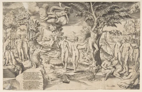 Cupid in the Elysian Fields tied to a tree in the center, surrounded by many figures by Giulio Bonasone, print, 1563