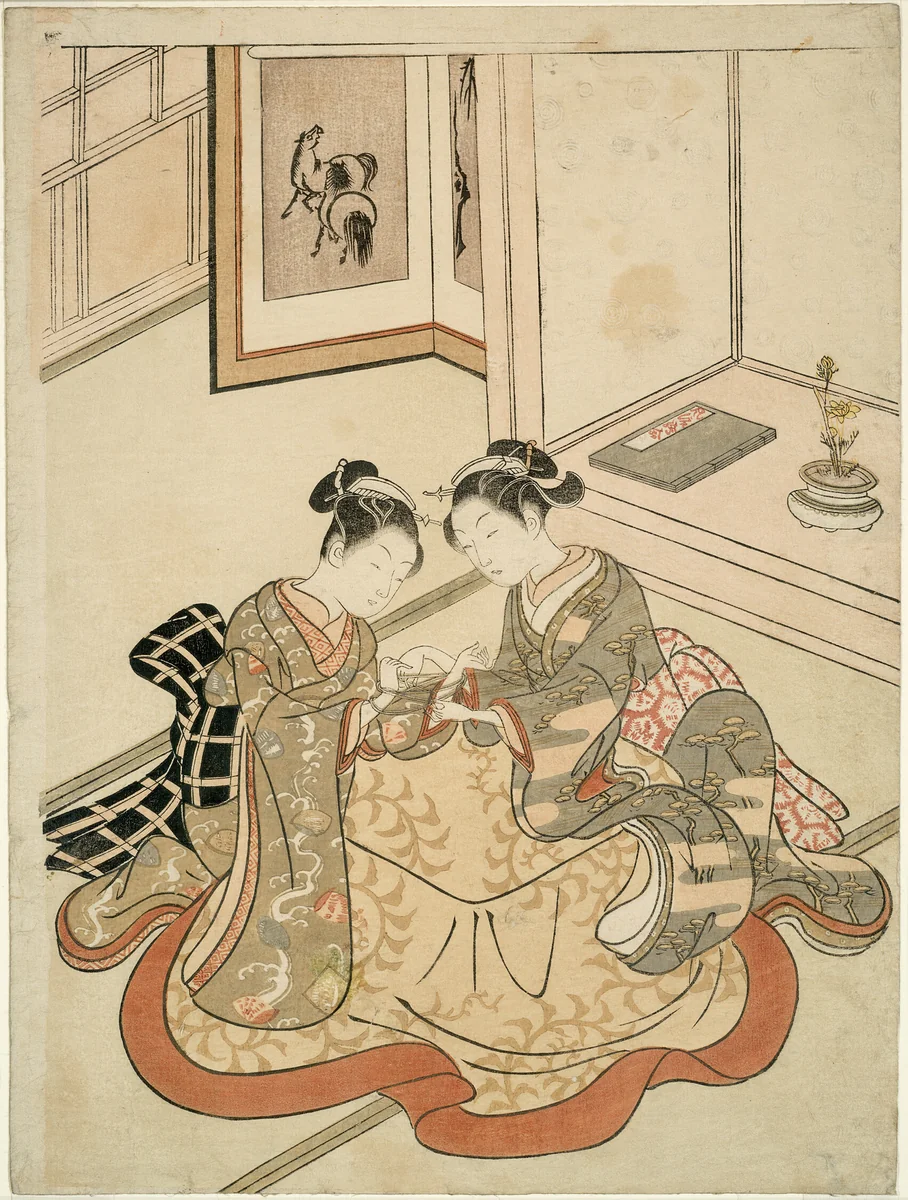 Young Women Playing Cat's Cradle by Suzuki Harunobu (鈴木春信), print, 1762-1773