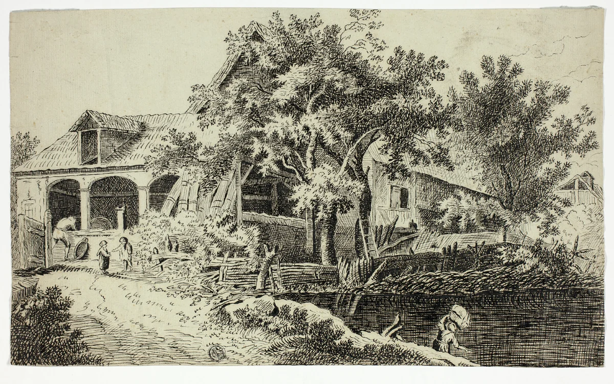Mill by the Stream by Jan van der Straet, drawing, 1543-1605