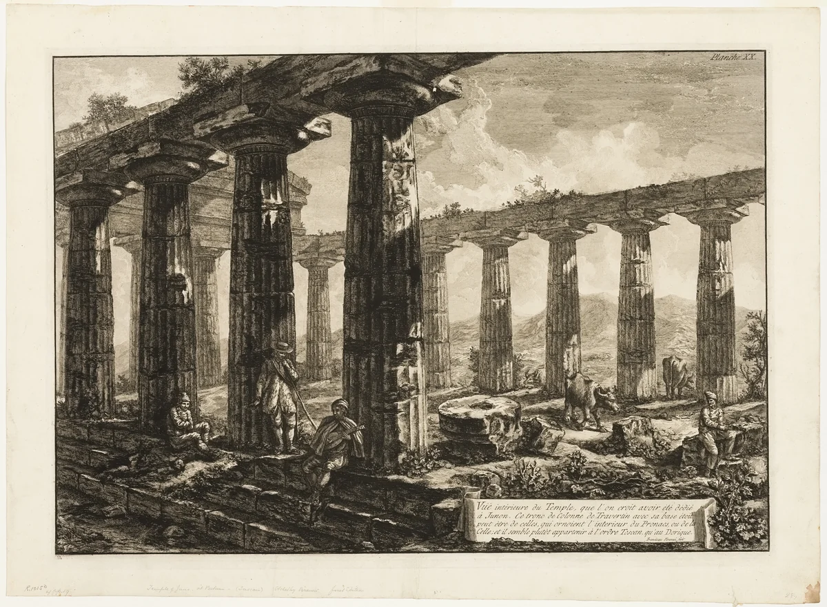 Interior View of the Temple Which is Believed to Have Been Dedicated to Juno, from Different views of Paestum by Giovanni Battista Piranesi, print, 1778