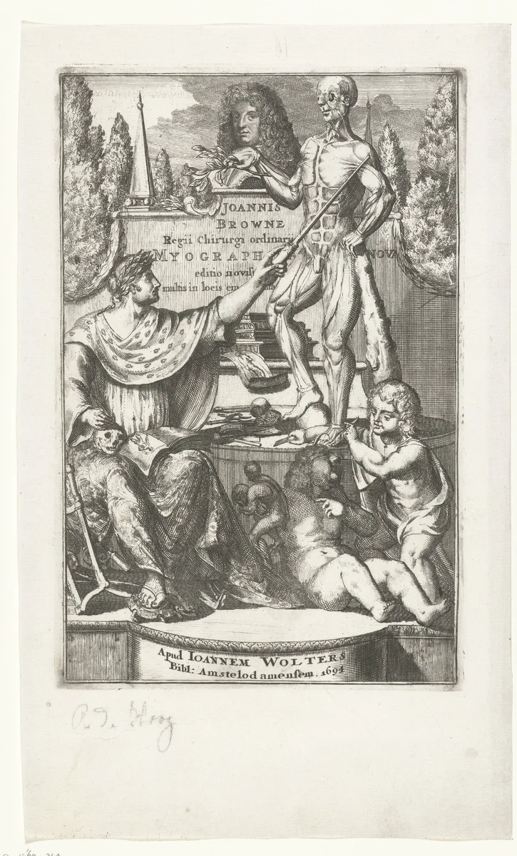 Titelprent voor 'Myographia nova sive Musculorum omnium (...) accuratissima descriptio' van John Browne by Romeyn de Hooghe, print, 1694