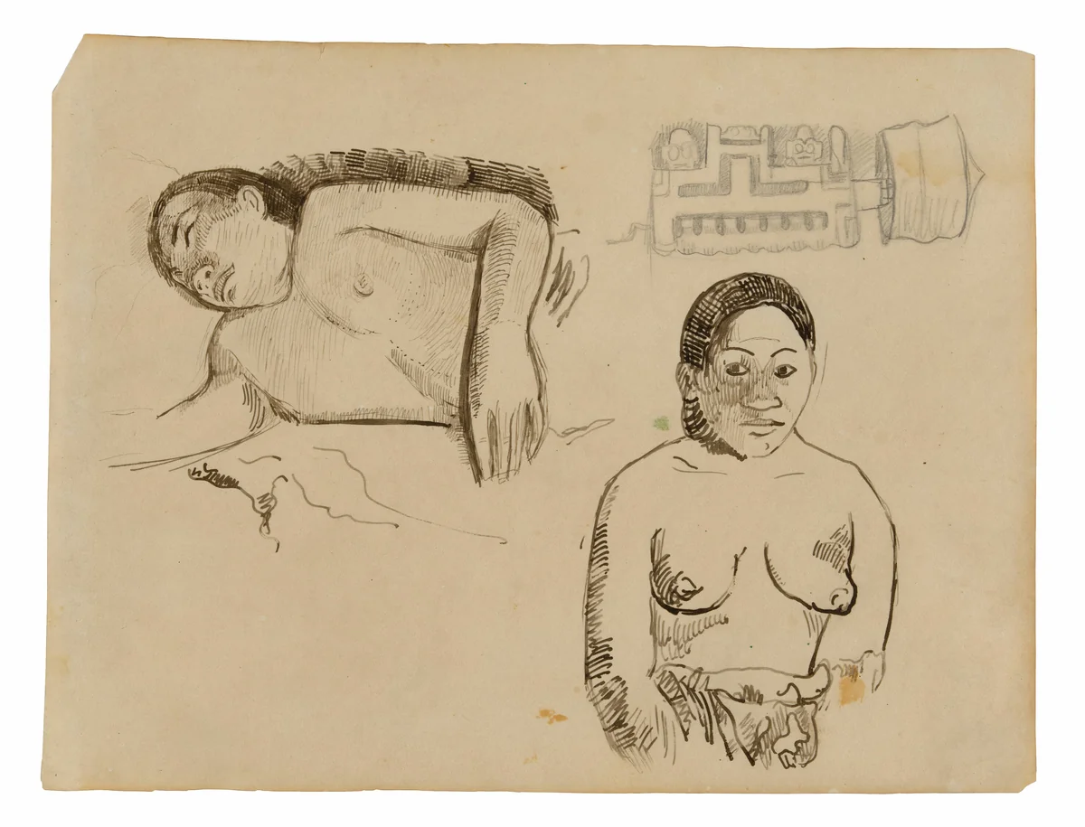 Two Tahitian Women and a Marquesan Earplug by Paul Gauguin, drawing, 1891-1893
