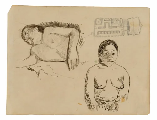 Two Tahitian Women and a Marquesan Earplug by Paul Gauguin, drawing, 1891-1893