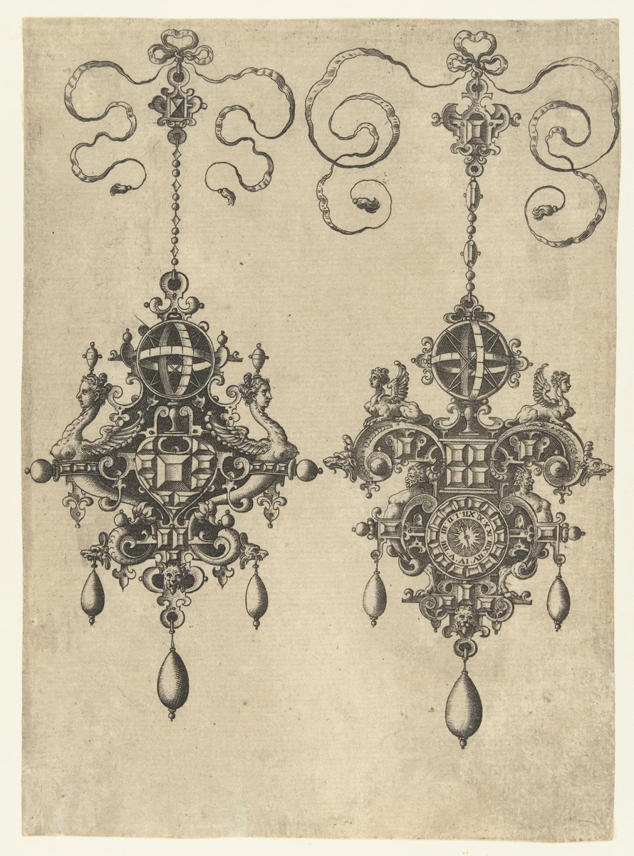 Twee hangers met zonnewijzer by anonymous, print, 1581