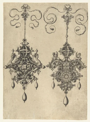 Twee hangers met zonnewijzer by anonymous, print, 1581
