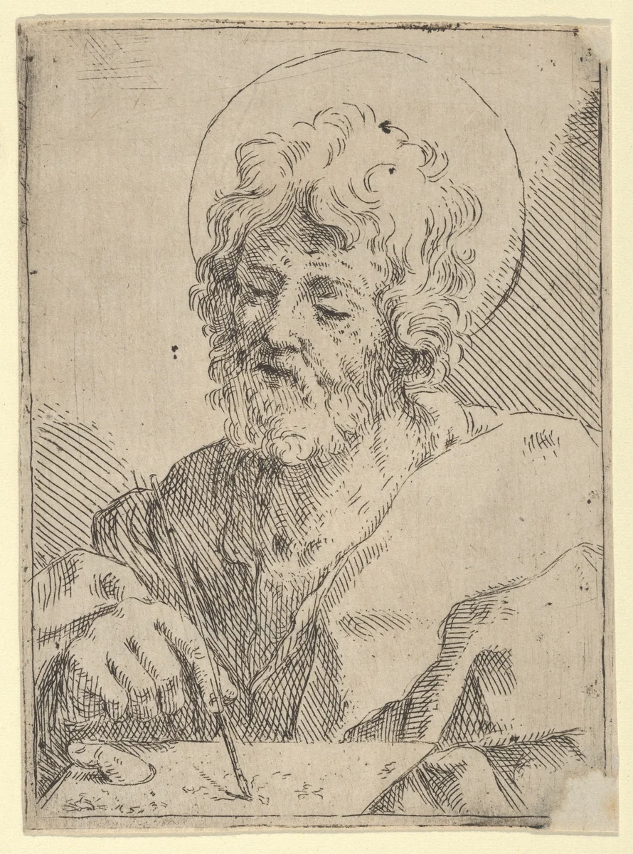 Saint Luke holding a paint brush and palette, after Reni (?) by anonymous, print, 1600-1650