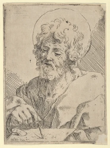 Saint Luke holding a paint brush and palette, after Reni (?) by anonymous, print, 1600-1650