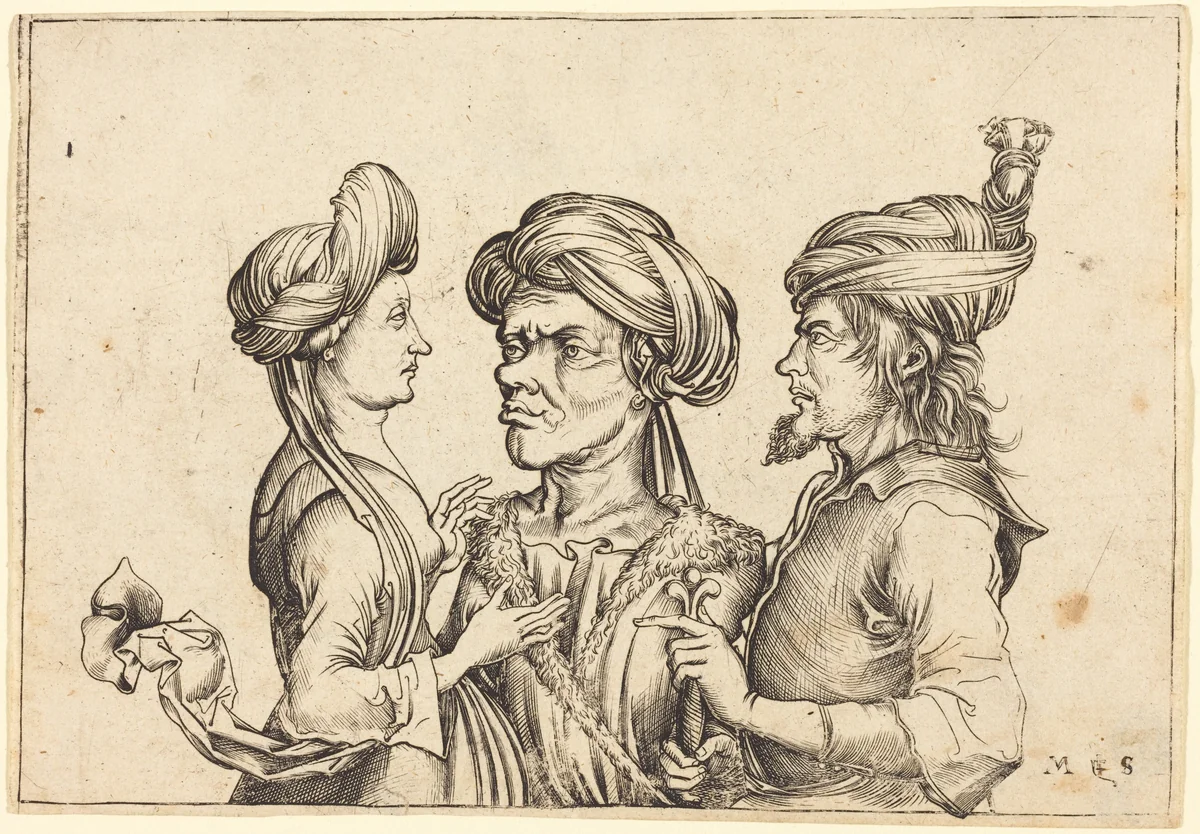 Three Oriental Figures by Martin Schongauer, print, 1475-1485