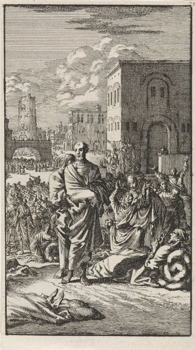 Petrus en Johannes tussen de zieken by Jan Luyken, print, 1712