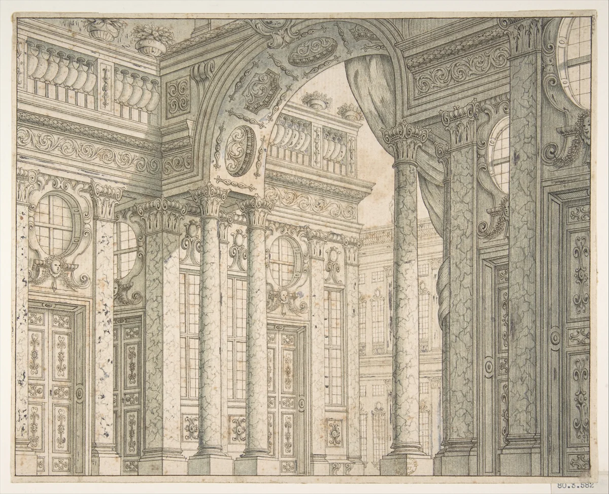 Design of a Perspective for a Stage Set with Courtyard and Triumphal Arch by Ferdinando Galli Bibiena, drawing, 1657-1743