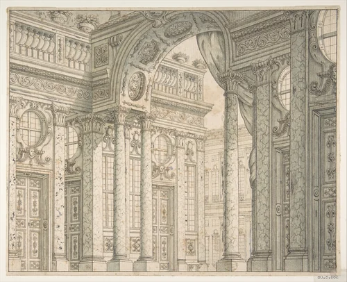 Design of a Perspective for a Stage Set with Courtyard and Triumphal Arch by Ferdinando Galli Bibiena, drawing, 1657-1743