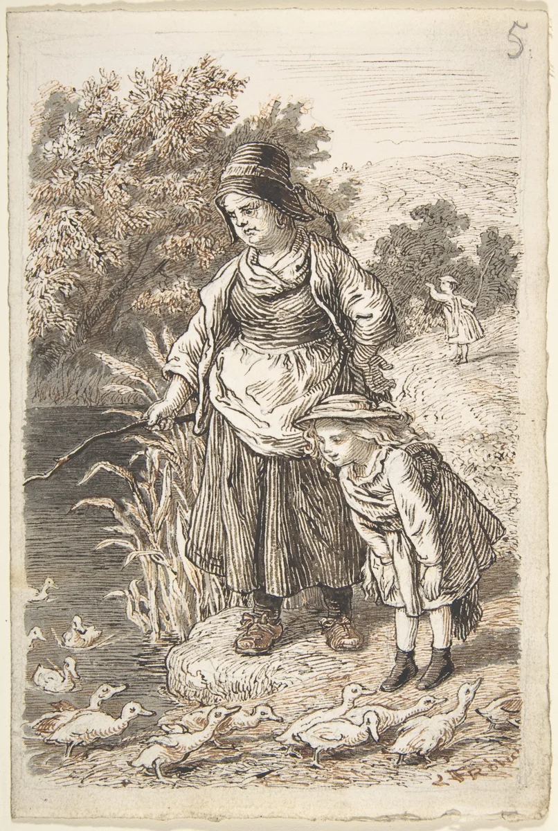 Woman and Child by a Duck Pond by Lorenz Frølich, drawing, 1835-1903
