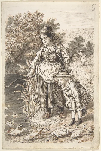 Woman and Child by a Duck Pond by Lorenz Frølich, drawing, 1835-1903