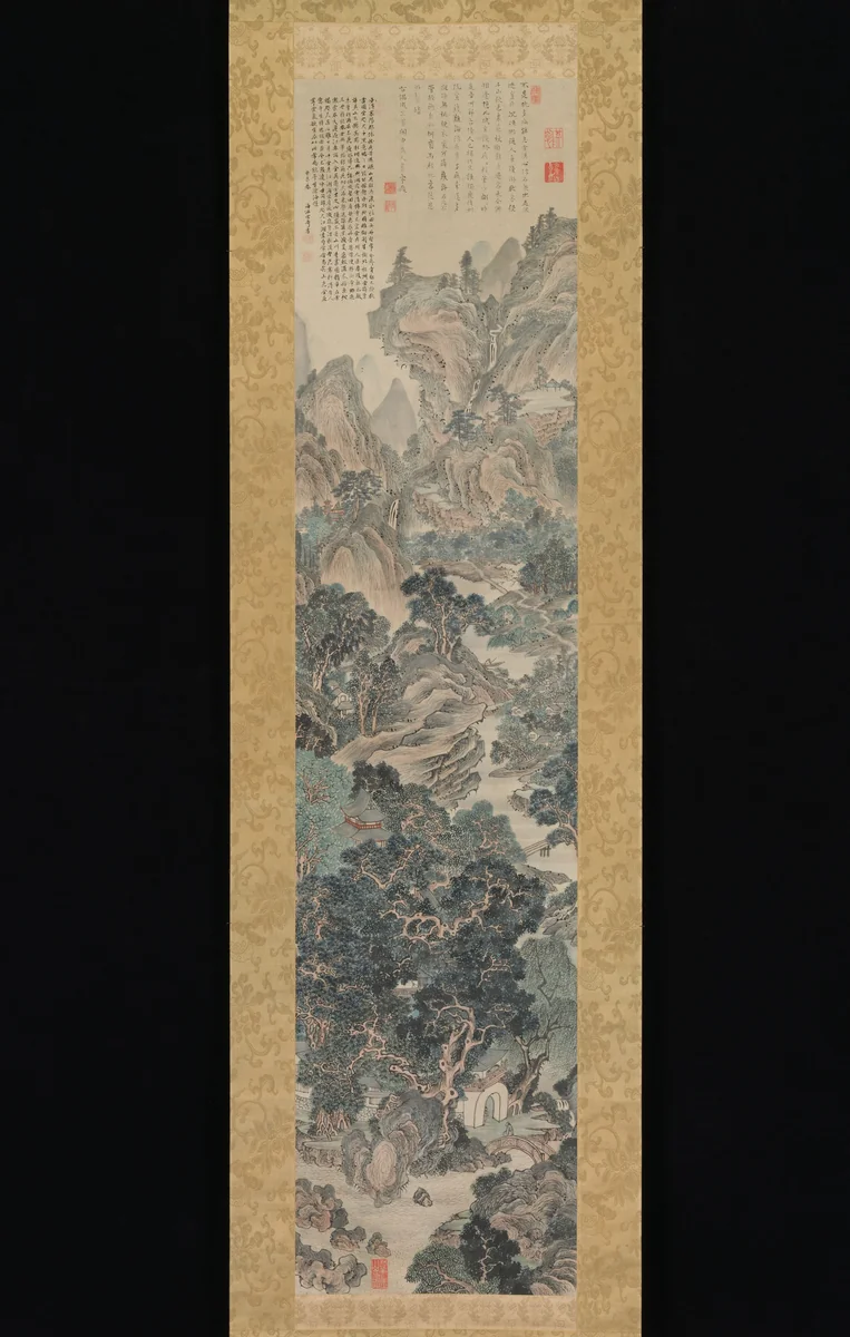 Landscape in the Blue-and-Green Manner by Yanagisawa Kien, painting, 1700-1749