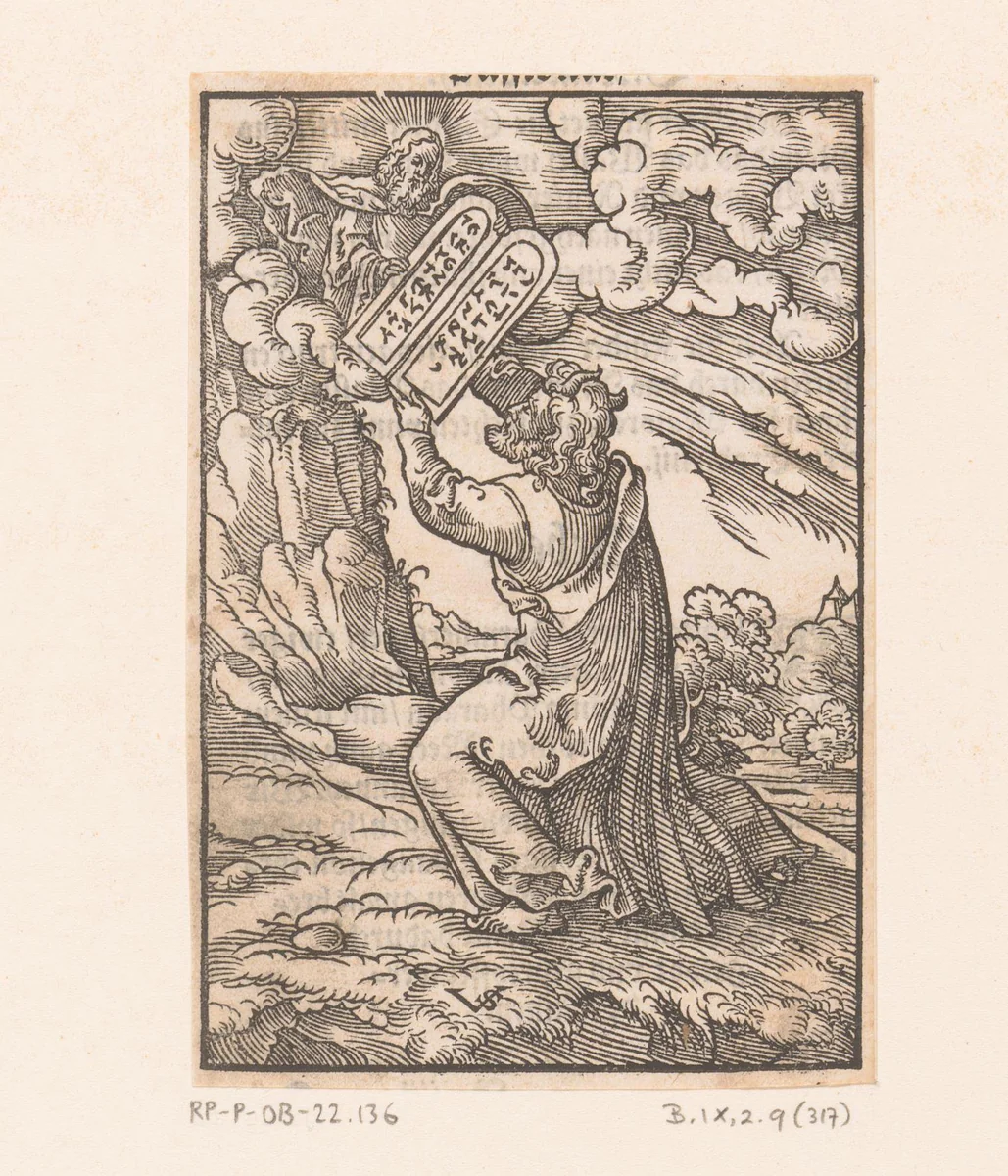 Mozes ontvangt de tafelen der wet by Unknown, print, 1552