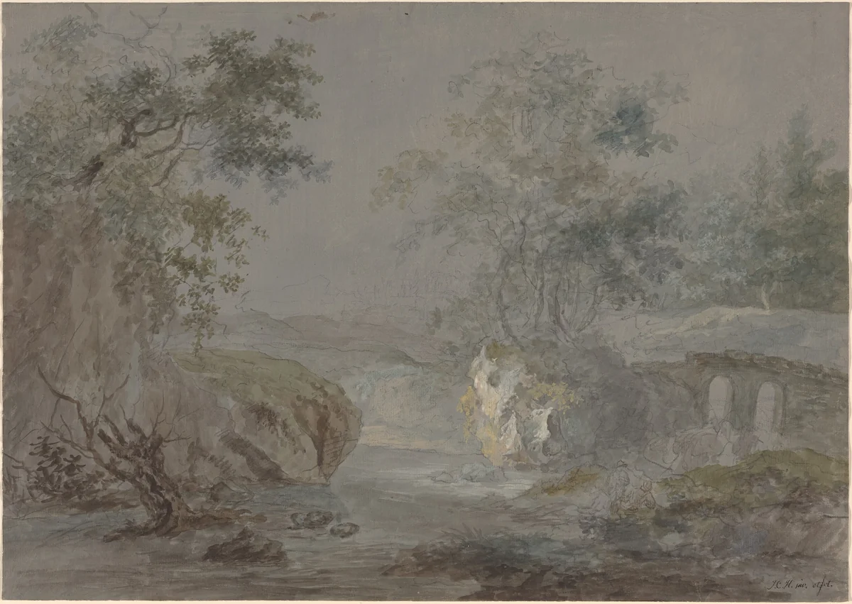Wooded Cliffs along a Riverbank by Johann Caspar Huber, drawing, 1796
