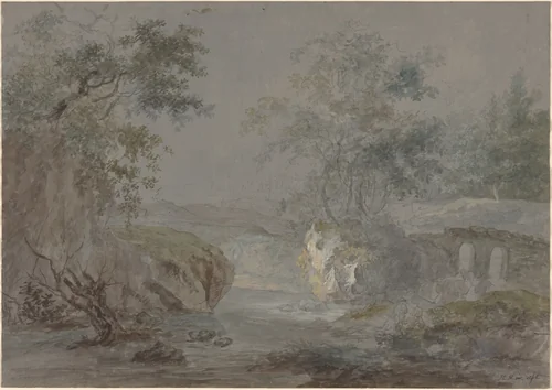 Wooded Cliffs along a Riverbank by Johann Caspar Huber, drawing, 1796