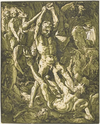 Hercules Killing Cacus by Hendrick Goltzius, print, 1588