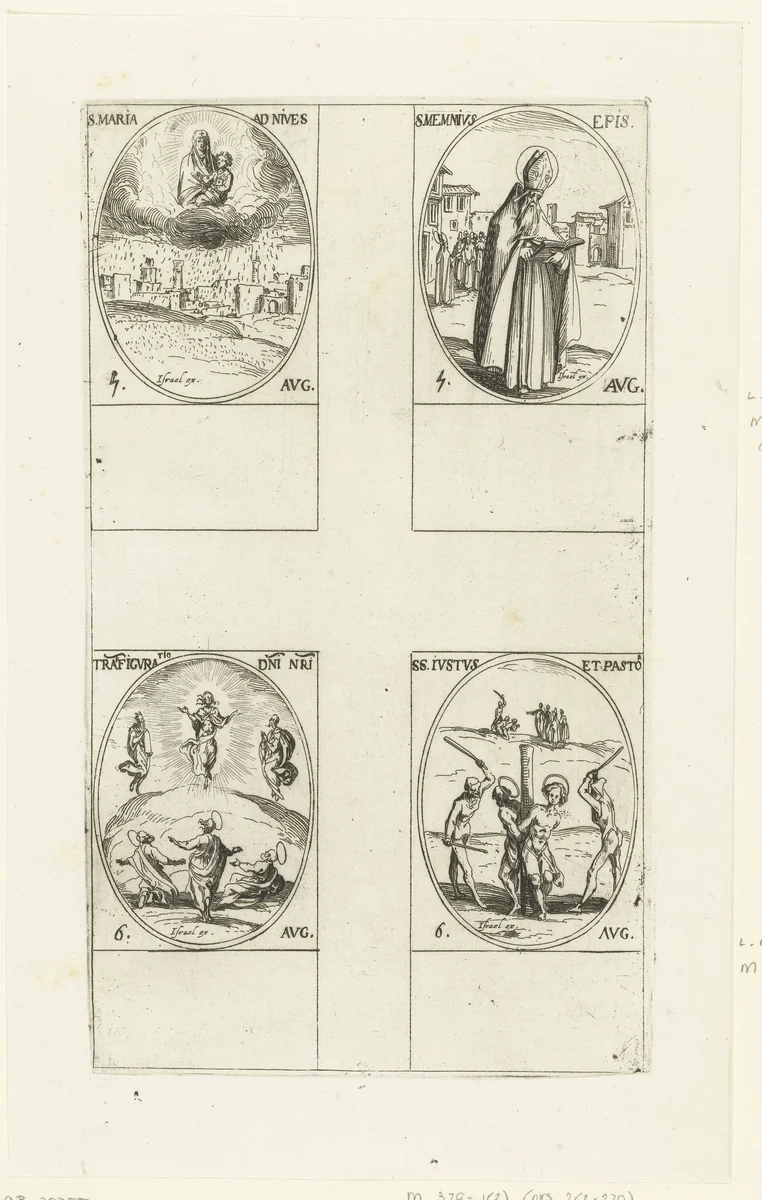 Onze-Lieve-Vrouwe ter Sneeuw (Maria-Kerkwijding), Heilige Memmius,Transfiguratie, Heilige Justus en Heilige Pastor van Alcalá (5-6 augustus) by Jacques Callot, print, 1632-1636