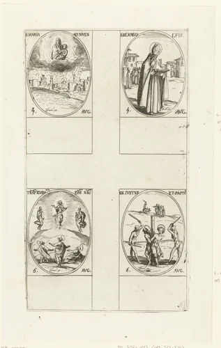 Onze-Lieve-Vrouwe ter Sneeuw (Maria-Kerkwijding), Heilige Memmius,Transfiguratie, Heilige Justus en Heilige Pastor van Alcalá (5-6 augustus) by Jacques Callot, print, 1632-1636