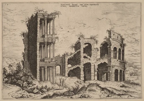 The Septizonium and the Colosseum by Hieronymus Cock, print, 1550