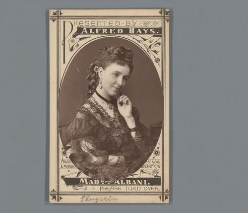 Reclame voor muziekinstrumenten van Alfred Hays met portret van Emma Albani by anonymous, photograph, 1860-1900