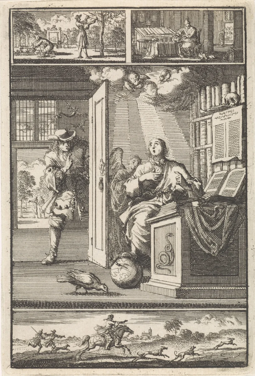 Geleerde krijgt een visioen in zijn studeerkamer by Jan Luyken, print, 1700