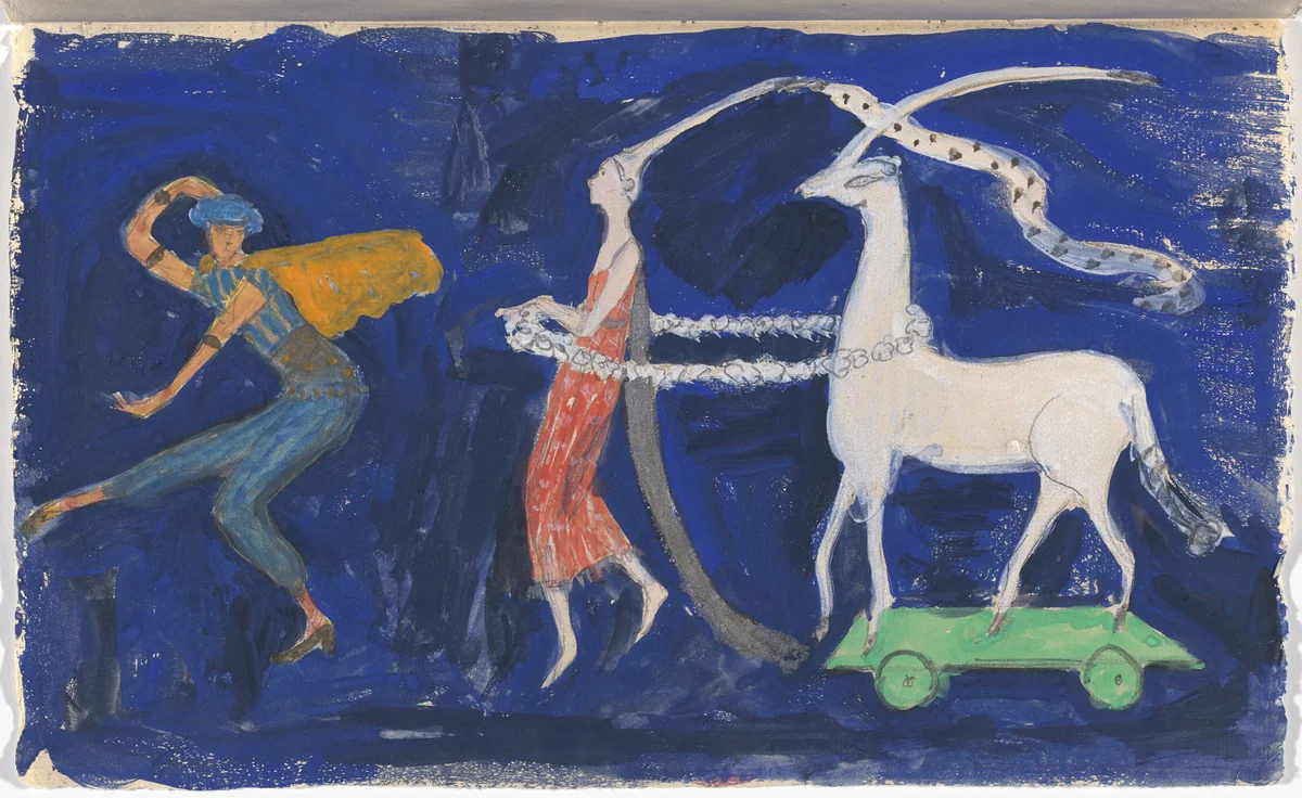 Costume design (Procession: Zizim of Persia, Agnes de Bourganeuf, and the Unicorn) for artist's ballet Orphée of the Quat-z-arts by Florine Stettheimer, drawing, 1912