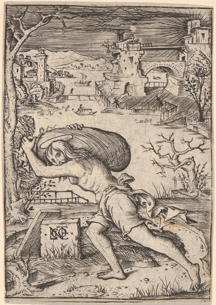 A man carrying sack striding to the left by Nicoletto da Modena, print, 1510-1520