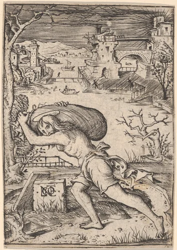 A man carrying sack striding to the left by Nicoletto da Modena, print, 1510-1520