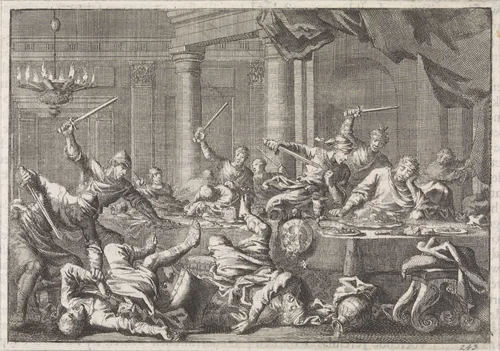 Godolia door Ismaël vermoord by Jan Luyken, print, 1704