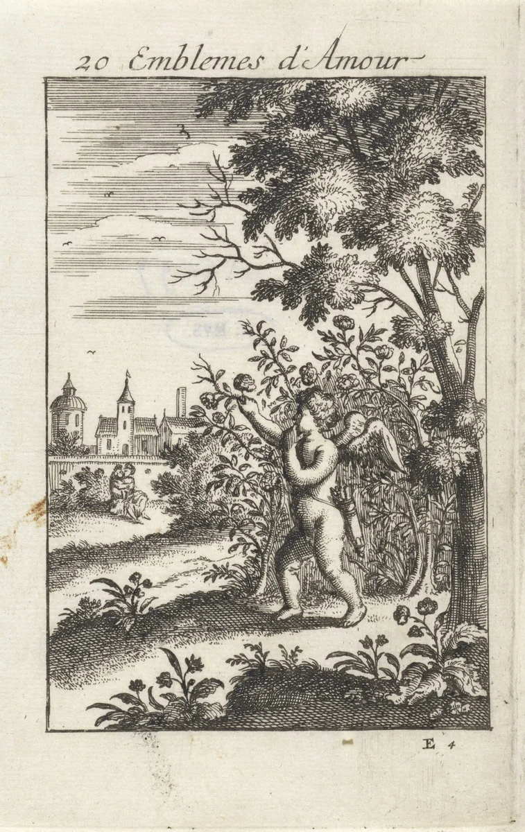 Amor plukt een roos en prikt zich aan een doorn by Jan van Vianen, print, 1686