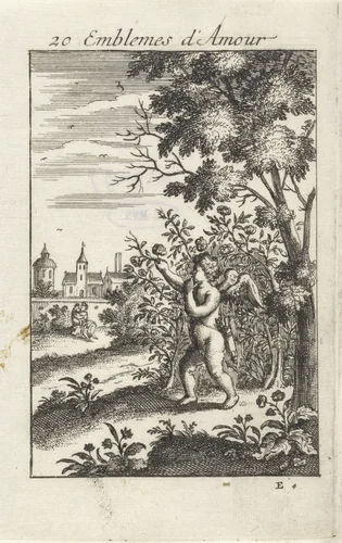 Amor plukt een roos en prikt zich aan een doorn by Jan van Vianen, print, 1686