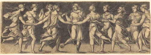 Apollo Dancing with the Nine Muses by German 16th Century, print, 1500-1599