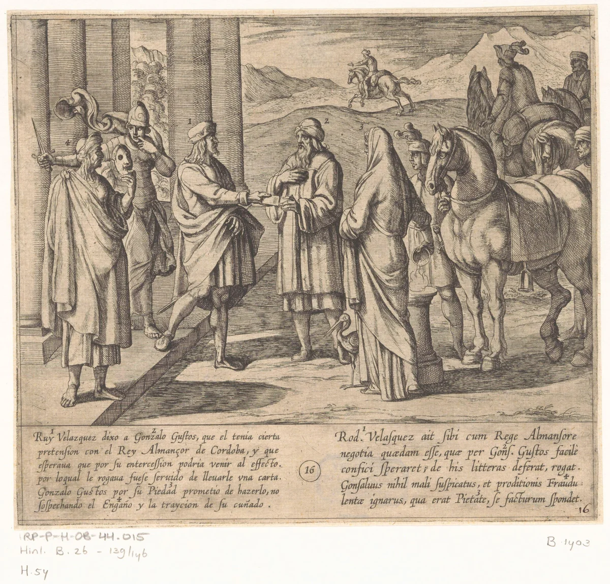 Ruy Velazquez vraagt Gonzalo Gustos een brief af te leveren bij koning Almanzor van Cordoba by Antonio Tempesta, print, 1612