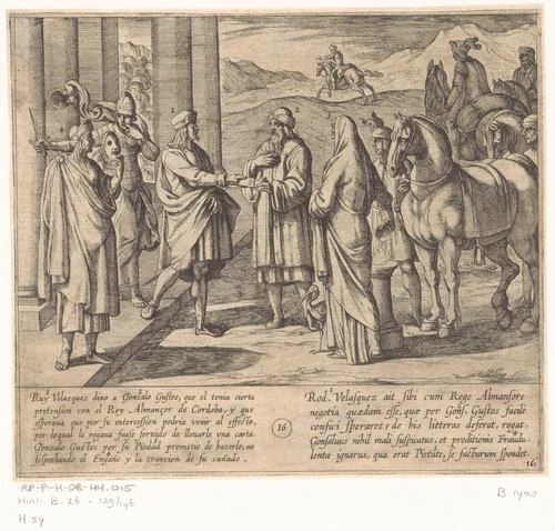 Ruy Velazquez vraagt Gonzalo Gustos een brief af te leveren bij koning Almanzor van Cordoba by Antonio Tempesta, print, 1612