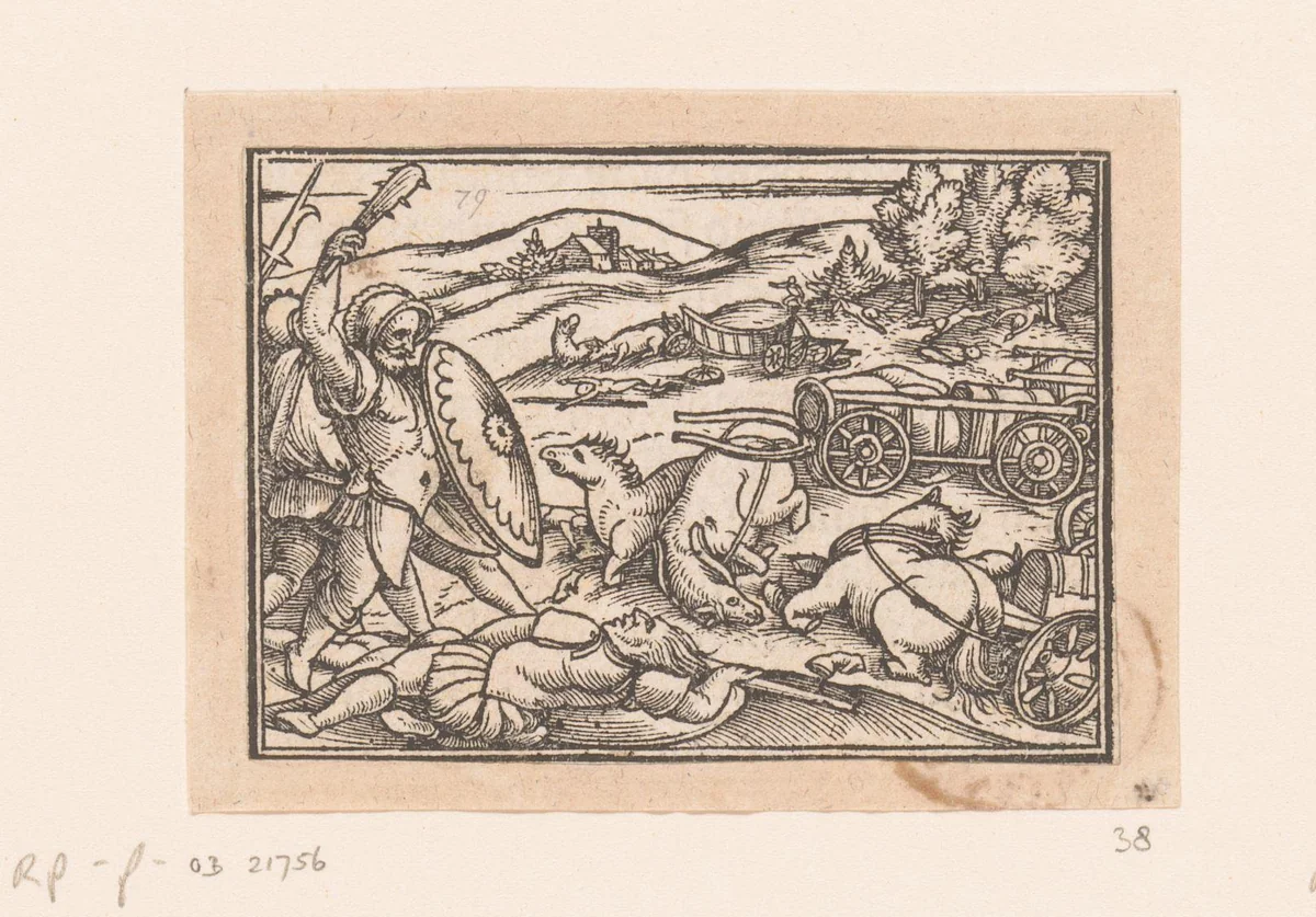 Troepen van David veroveren de strijdwagen van de koning van Zoba by anonymous, print, 1552